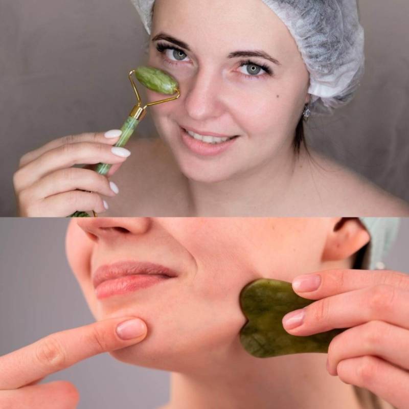 Guasha + rodillo facial de piedra Jade natural