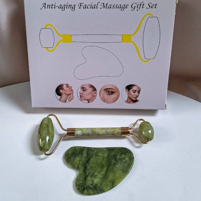 Guasha + rodillo facial de piedra Jade natural