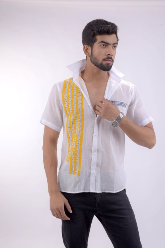 Golden Blue White Muslin Cotton Shirt