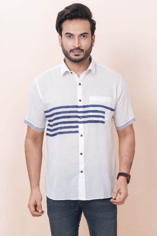 BLUE STRIPES White Muslin Cotton Shirt