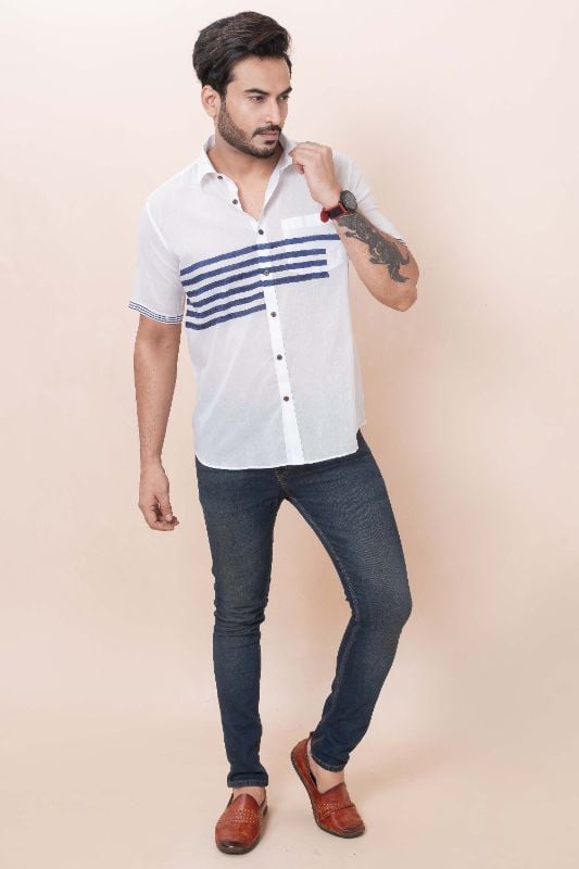 BLUE STRIPES White Muslin Cotton Shirt