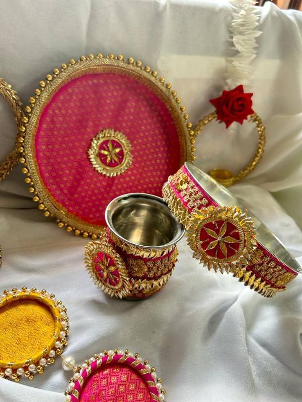 Karwa Chauth Puja Thali Set of 3 items.