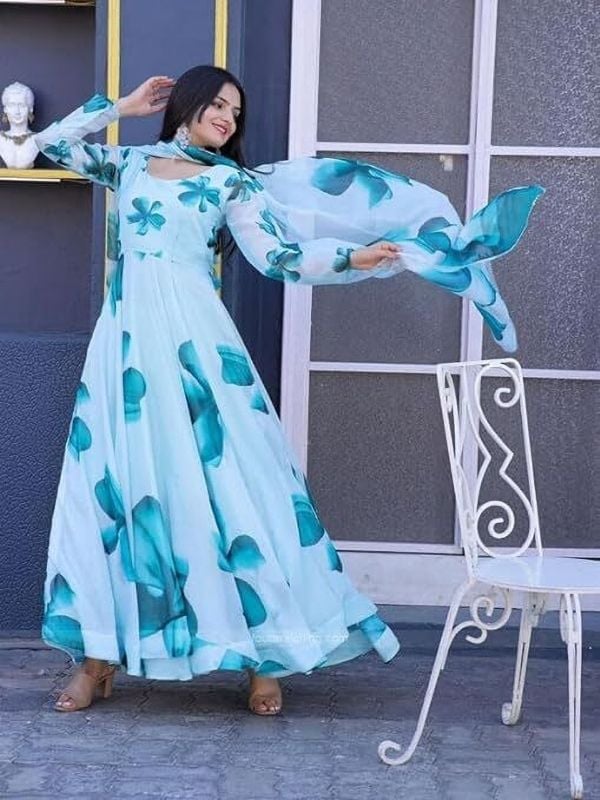 Sky Blue Floral Anarkali Gown with Dupatta
