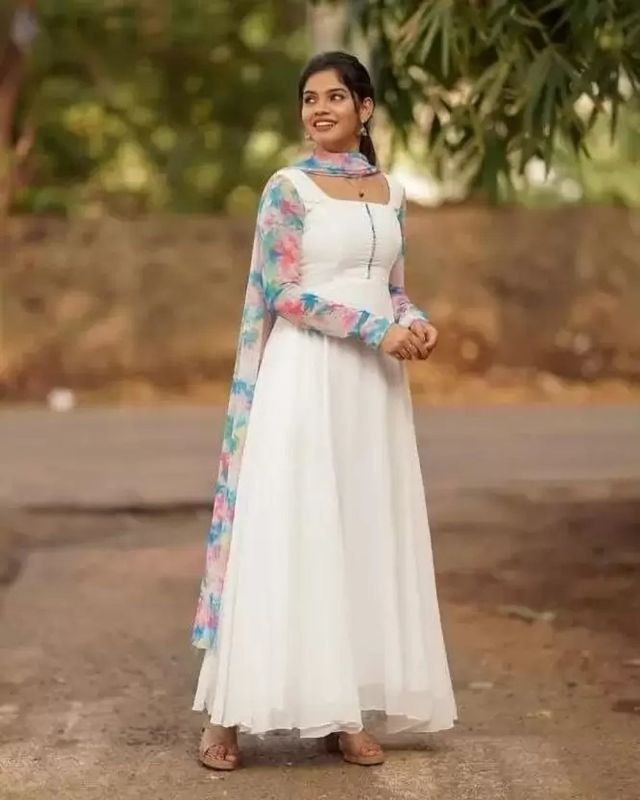 Graceful White Long Gown with Printed Sleeves & Dupatta