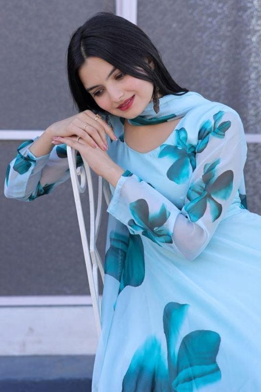 Sky Blue Floral Anarkali Gown with Dupatta