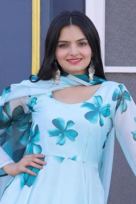 Sky Blue Floral Anarkali Gown with Dupatta