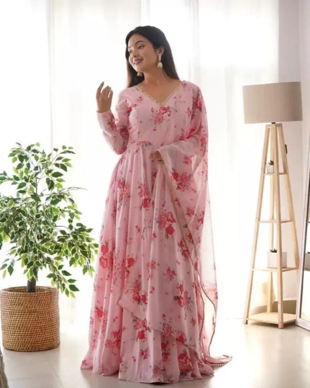 Blush Pink Floral Anarkali Gown with Dupatta