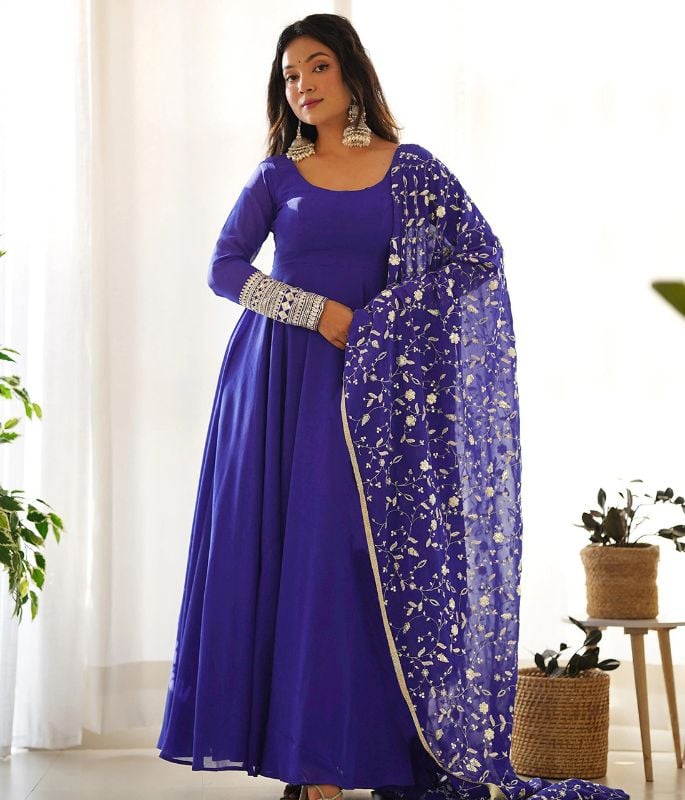 Royal Blue Designer Anarkali Gown with Embroidered Dupatta