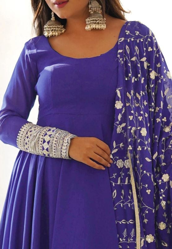 Royal Blue Designer Anarkali Gown with Embroidered Dupatta