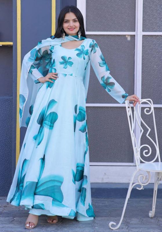 Sky Blue Floral Anarkali Gown with Dupatta
