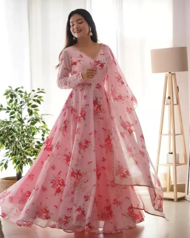 Blush Pink Floral Anarkali Gown with Dupatta