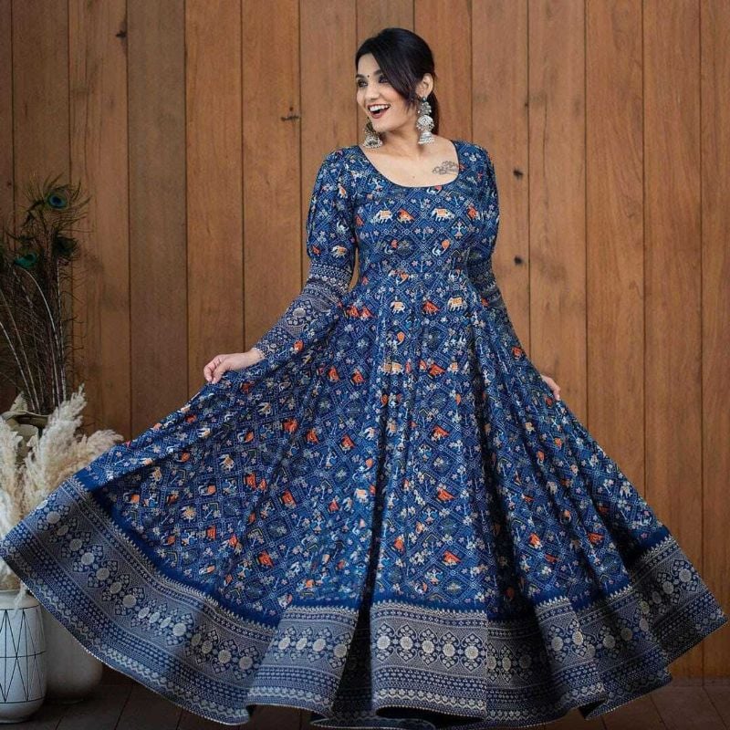 Designer Traditional Block Print Long Gown in Blue