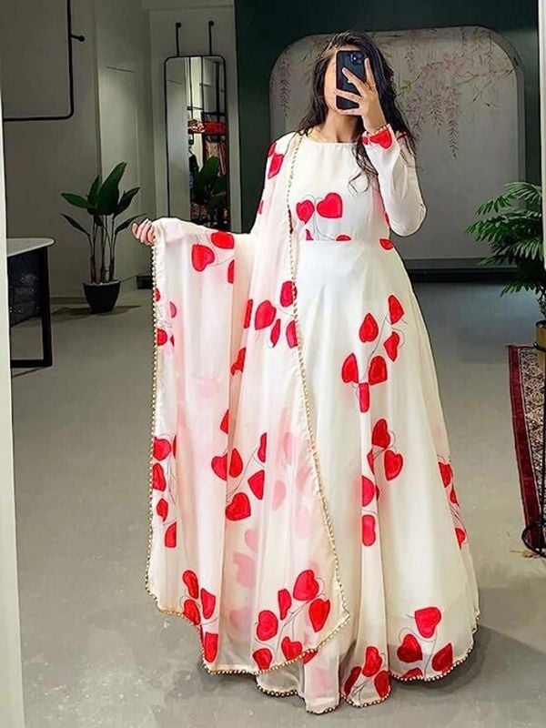 Beautiful White Long Anarkali Kurta Set with Red Heart Printed Dupatta