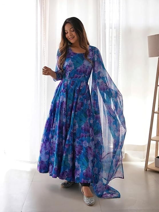 Royal Blue Floral Printed Anarkali Gown with Dupatta
