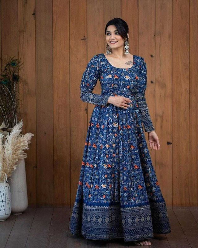 Designer Traditional Block Print Long Gown in Blue