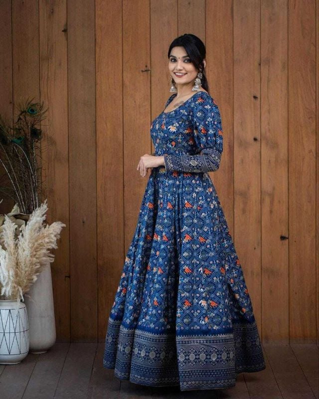 Designer Traditional Block Print Long Gown in Blue