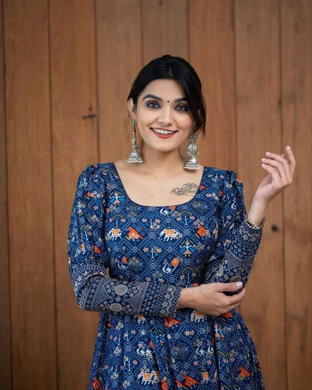 Designer Traditional Block Print Long Gown in Blue