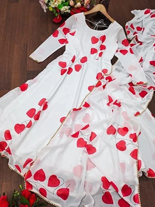 Beautiful White Long Anarkali Kurta Set with Red Heart Printed Dupatta