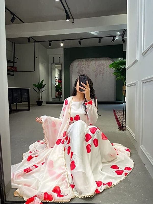 Beautiful White Long Anarkali Kurta Set with Red Heart Printed Dupatta