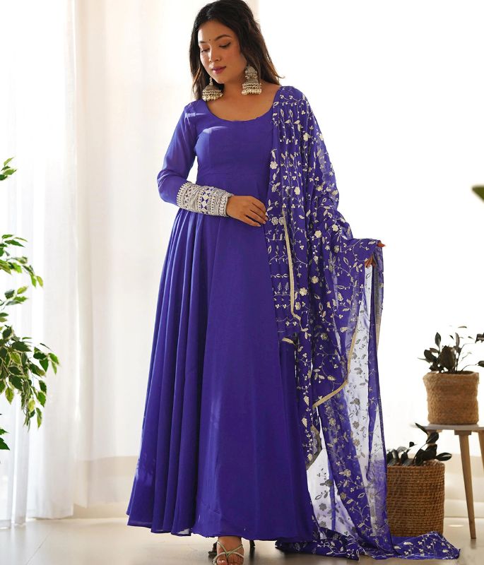 Royal Blue Designer Anarkali Gown with Embroidered Dupatta