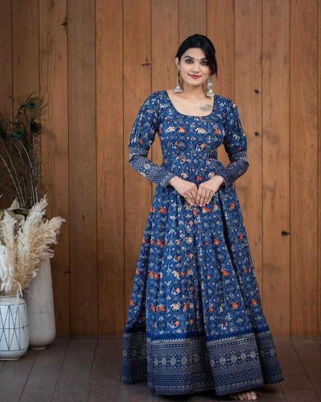 Designer Traditional Block Print Long Gown in Blue