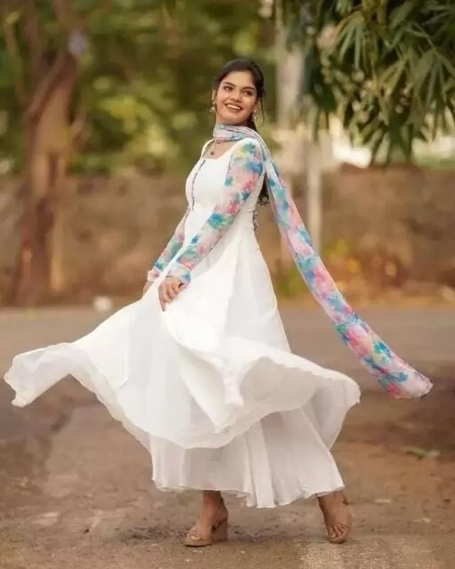 Graceful White Long Gown with Printed Sleeves & Dupatta