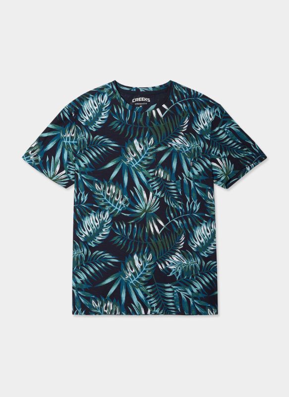Creeks Men's dark blue cotton short-sleeved round neck T-Shirt