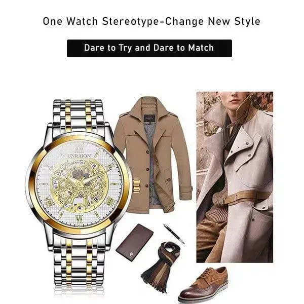 ⌚ Unraion Skeleton Watch – Stainless Steel with Gold Accents ✨