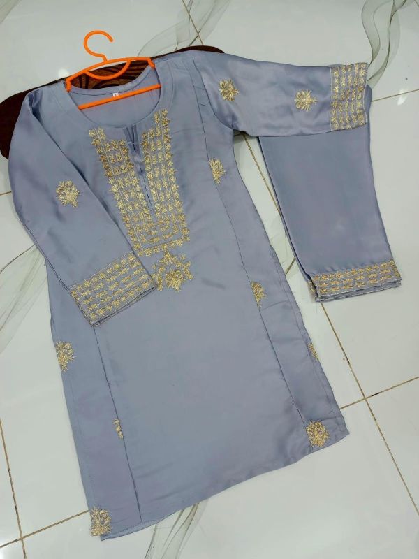 2 Pcs Girl's Katan Silk Embroidered Kurta And Pajama