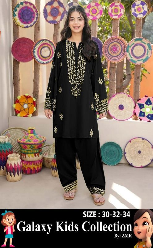 2 Pcs Girl's Katan Silk Embroidered Kurta And Pajama