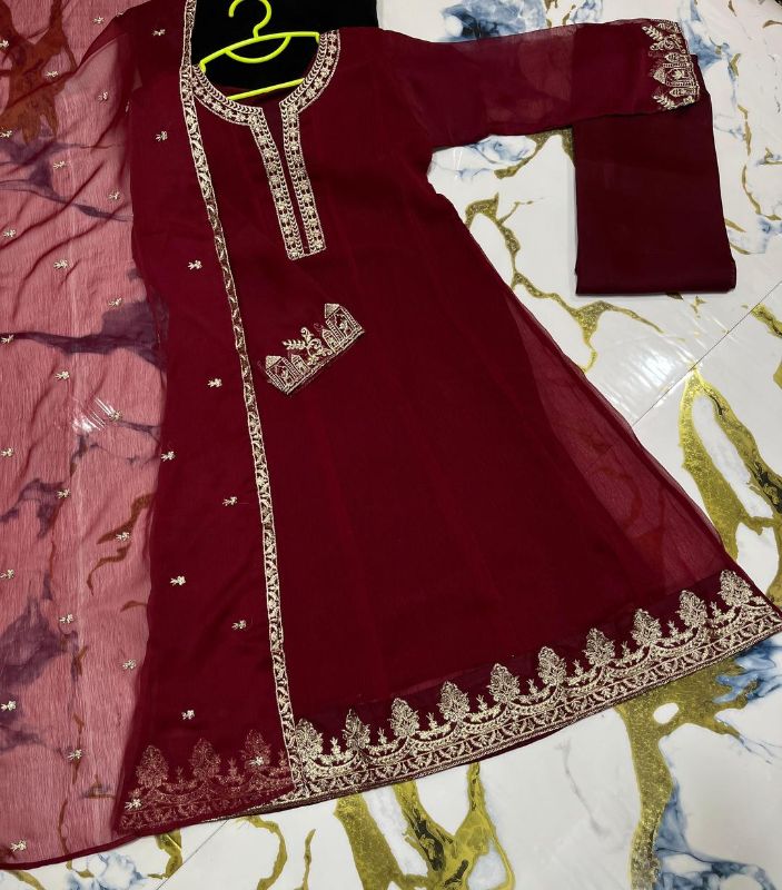 3 Pcs Girl's Chiffon Embroidered Kurta And Shalwar Suit