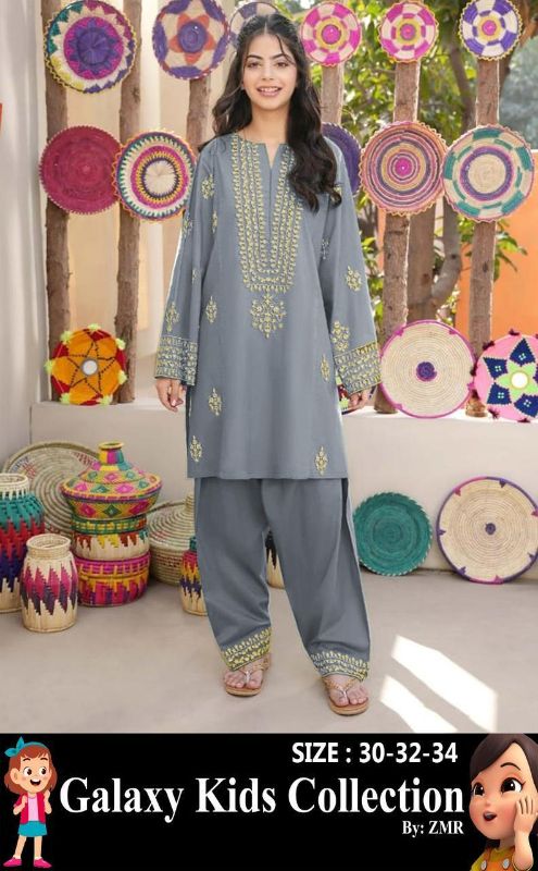 2 Pcs Girl's Katan Silk Embroidered Kurta And Pajama
