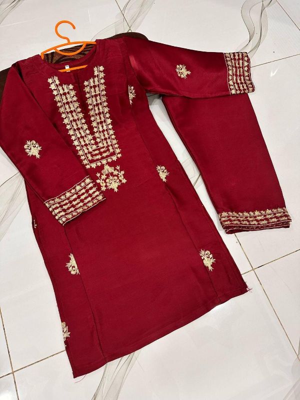 2 Pcs Girl's Katan Silk Embroidered Kurta And Pajama