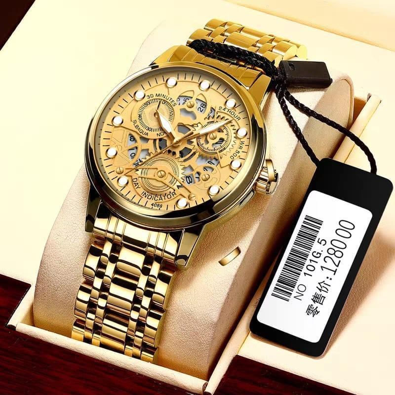 Men’s Golden Stainless Steel Chronograph Watch with Box – Luxury Timepiece