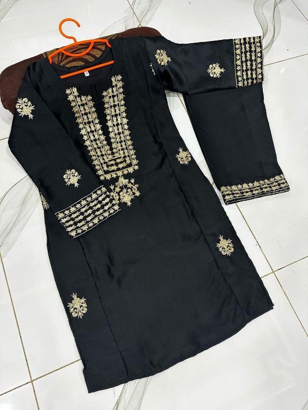 2 Pcs Girl's Katan Silk Embroidered Kurta And Pajama
