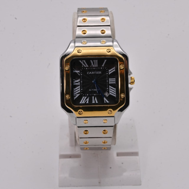 Cartier Santos Automatic Men's Watch – Two-Tone Luxury Timepiece Men's Watch|Sleek Black Dial With Roman Numerals Men's Watch |Stainless Steel Square Case Men's Watch
