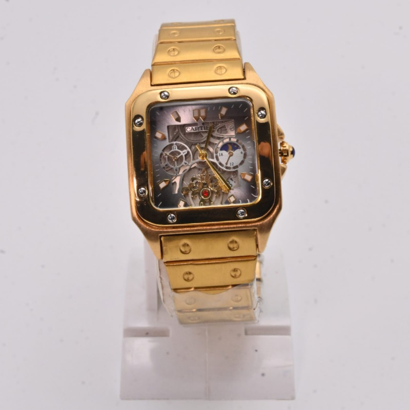 Cartier Gold-Plated Skeleton Men Watch with Chronograph |Luxurious Men Watch | Square Design Men Watch |Stainless Steel Men Watch