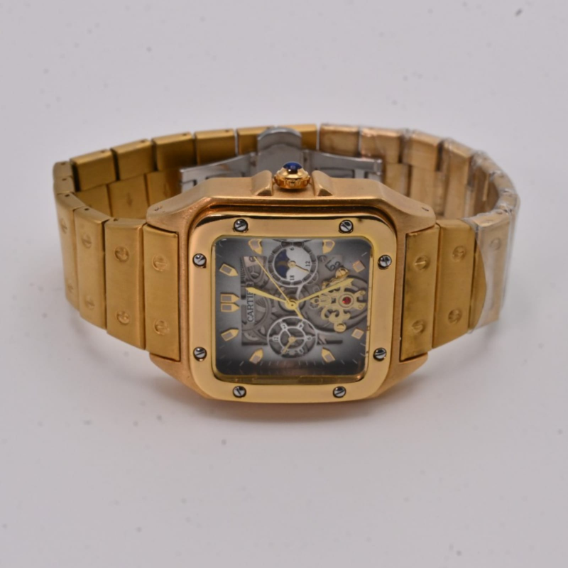 Cartier Gold-Plated Skeleton Men Watch with Chronograph |Luxurious Men Watch | Square Design Men Watch |Stainless Steel Men Watch