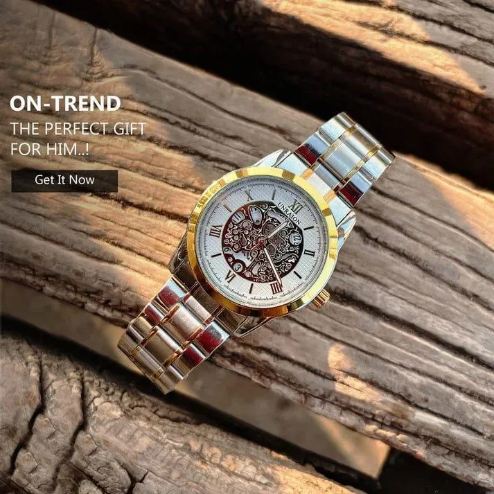 ⌚ Unraion Skeleton Watch – Stainless Steel with Gold Accents ✨
