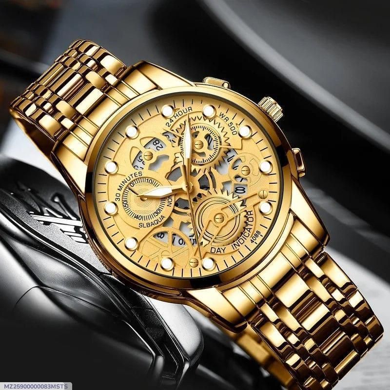 Men’s Golden Stainless Steel Chronograph Watch with Box – Luxury Timepiece