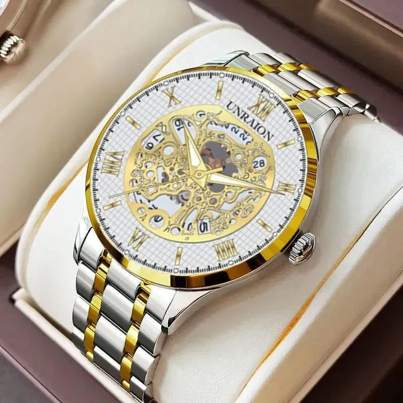 ⌚ Unraion Skeleton Watch – Stainless Steel with Gold Accents ✨
