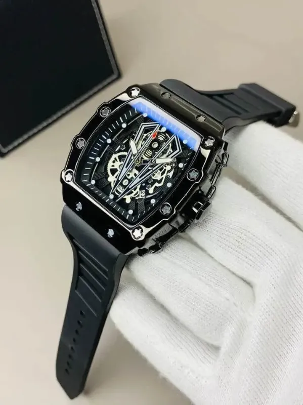 Richard Black Belt Skeleton Watch Black Rubber Strap