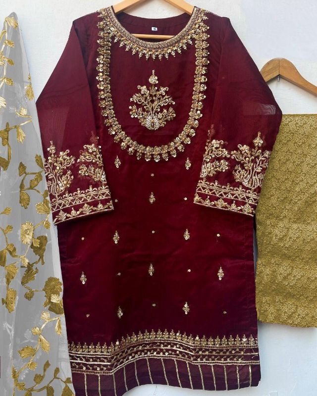2 Pcs Girl's Organza Printed Kurta And Pajama