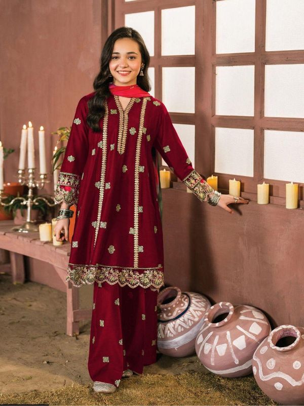 2 Pcs Girl's Cotton Embroidered Kurta And Pajama