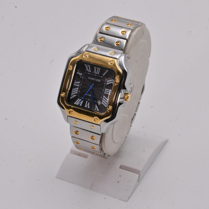 Cartier Santos Automatic Men's Watch – Two-Tone Luxury Timepiece Men's Watch|Sleek Black Dial With Roman Numerals Men's Watch |Stainless Steel Square Case Men's Watch