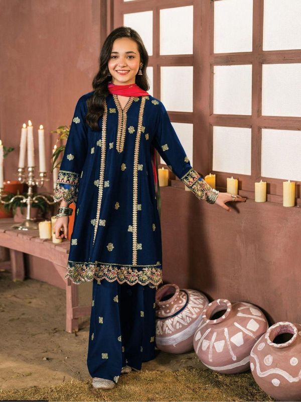 2 Pcs Girl's Cotton Embroidered Kurta And Pajama