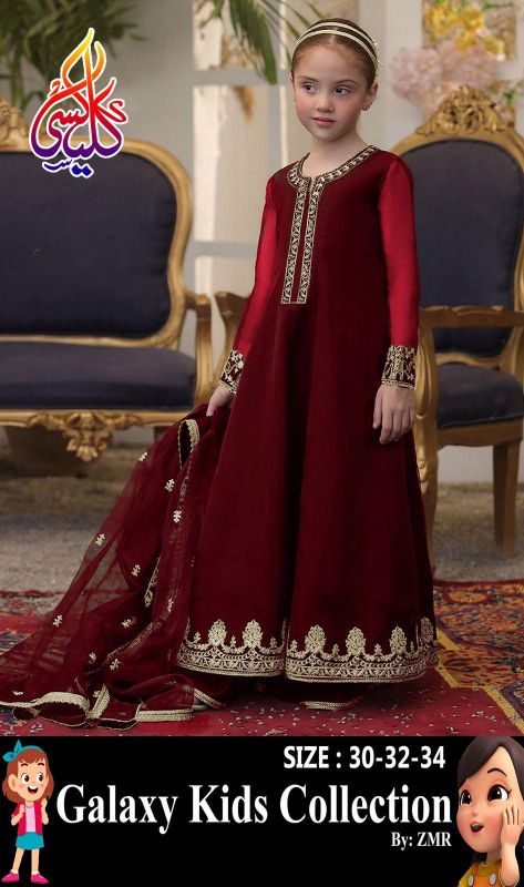 3 Pcs Girl's Chiffon Embroidered Kurta And Shalwar Suit