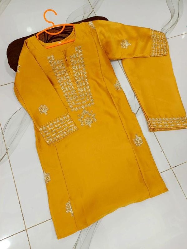 2 Pcs Girl's Katan Silk Embroidered Kurta And Pajama