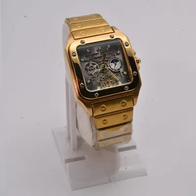 Cartier Gold-Plated Skeleton Men Watch with Chronograph |Luxurious Men Watch | Square Design Men Watch |Stainless Steel Men Watch