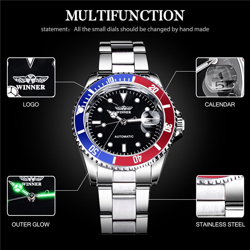 WINNER Brand Classic Mechanical Watches Luxury  Business Automnatic Watch for Men Rotatable Bezel Luminous Dial Steel Strap Clock